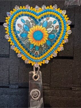 Sunflower Heart Beaded Badge Reel - Blue & Yellow